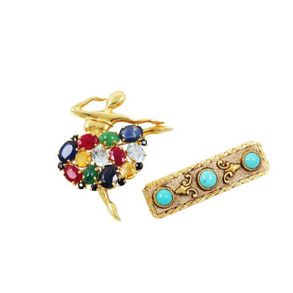 18KT GOLD LOT OF TWO BROOCHES WITH RUBIES, BLUE AND YELLOW SAPPHIRES, EMERALDS, AQUAMARINE AND TURQUOISES  - Auction IMPORTANT JEWELRY - Casa d'Aste International Art Sale