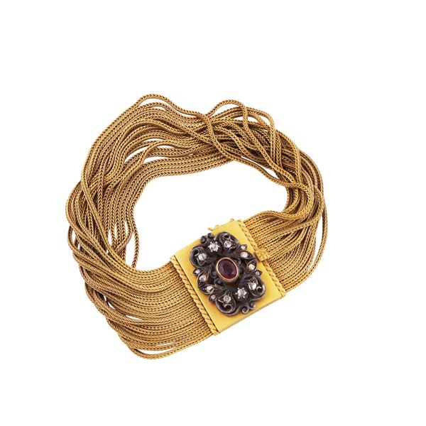 18KT GOLD, SILVER, ROSE CUT DIAMONDS AND GARNET BRACELET  - Auction IMPORTANT JEWELRY - Casa d'Aste International Art Sale