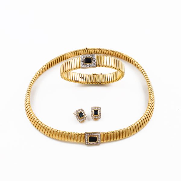 18KT GOLD, DIAMONDS AND SAPPHIRES NECKLACE, BRACELET AND EARRINGS SET
