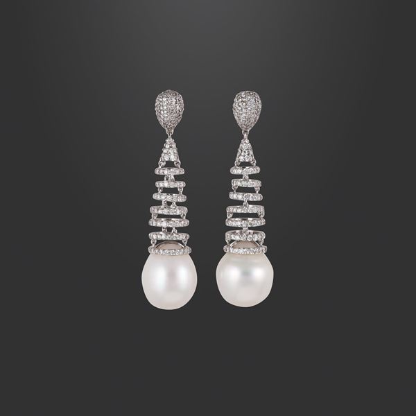 * 18KT GOLD, SOUTH SEA CULTURED PEARL AND DIAMOND EARRINGS