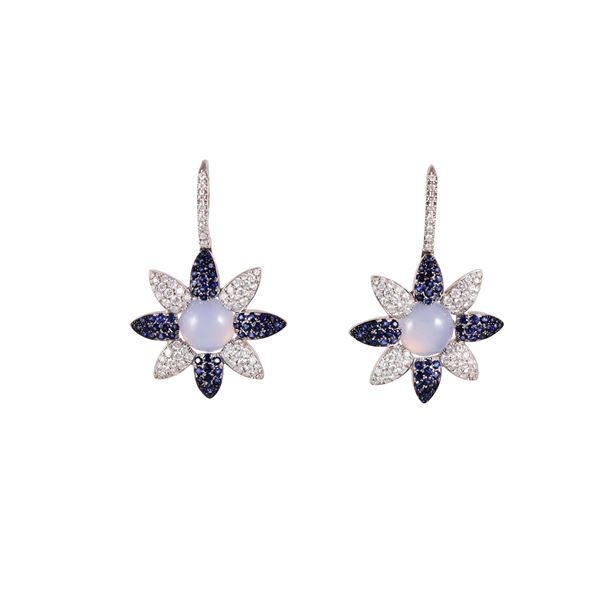 * 18KT GOLD, DIAMOND, SAPPHIRE AND CHALCEDONY EARRINGS, GIULIO VERONESI