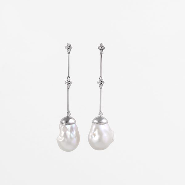 * 800 SILVER, DIAMONDS AND BAROQUE CULTURED PEARL EARRINGS