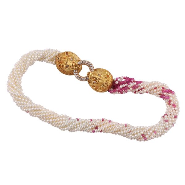 18 KT GOLD, DIAMONDS, RUBIES AND CULTURED PEARLS NECKLACE