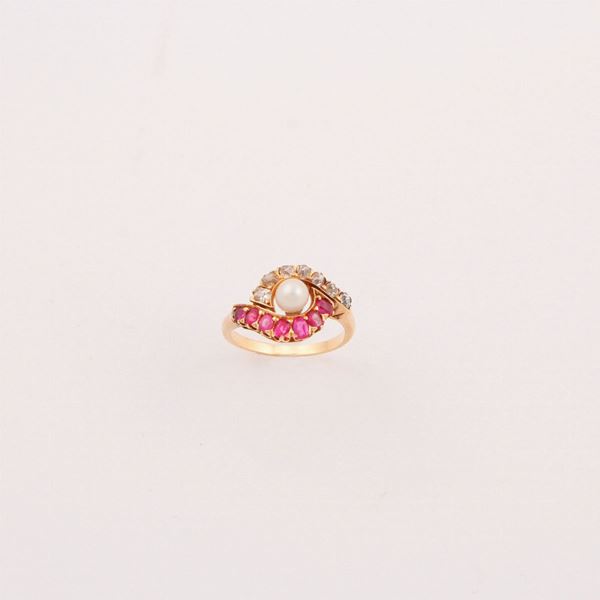 PEARL, DIAMOND, RUBY AND GOLD RING