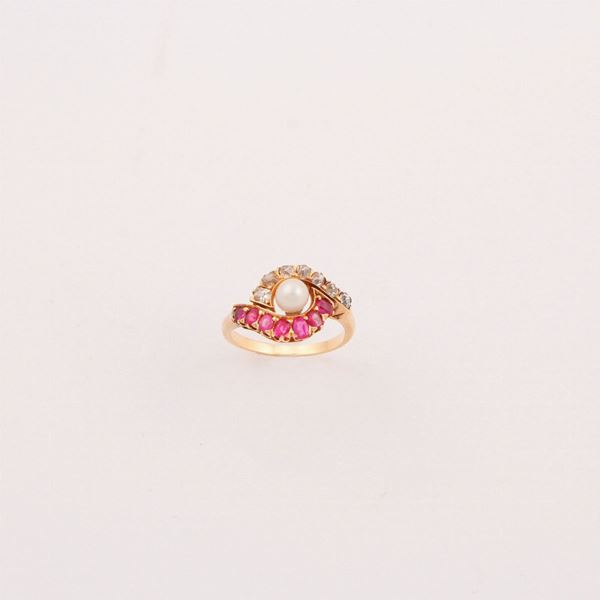 DIAMOND, RUBY, PEARL AND GOLD RING  - Auction Jewelery, Watches and Objects of Art - Casa d'Aste International Art Sale