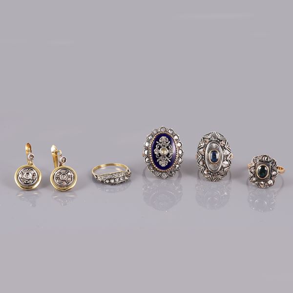 LOT OF EARRINGS AND FOUR RINGS. 18KT GOLD AND SILVER, ROSE CUT DIAMONDS, SAPPHIRES AND ENAMEL 