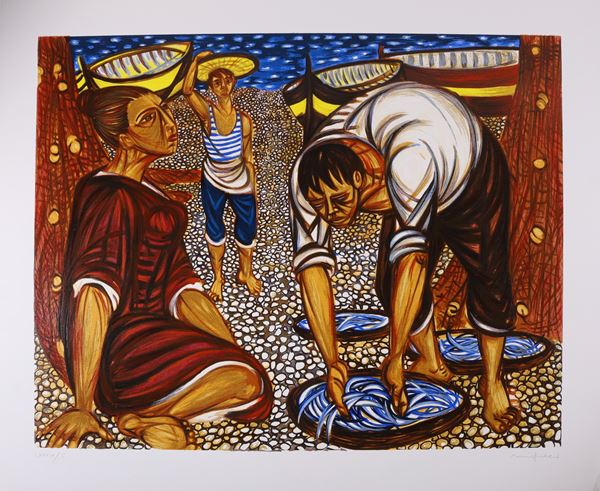 GIUSEPPE MIGNECO : La famiglia dei pescatori  - Serigrafia su carta - Asta ARTE MODERNA E CONTEMPORANEA - Casa d'Aste International Art Sale