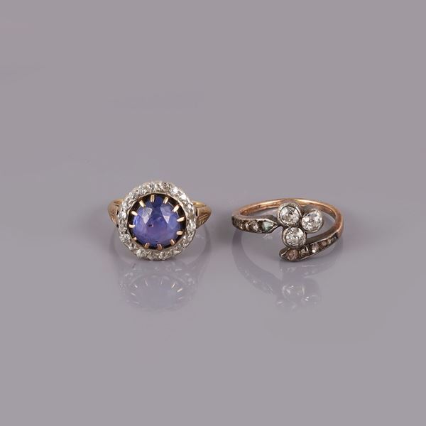 18KT GOLD, SILVER, OLD EUROPEAN CUT DIAMONDS AND SAPPHIRE RINGS