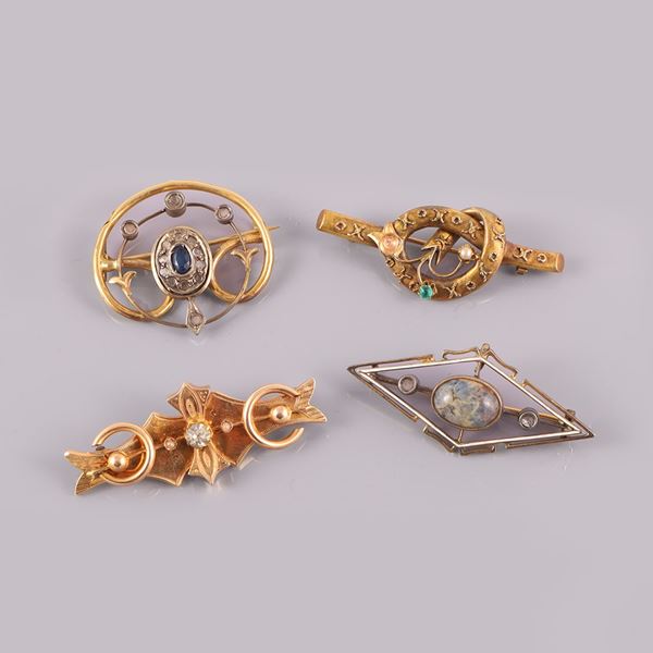 LOT OF FOUR 18KT GOLD AND SILVER BROOCHES, ONE WITH HARD STONE, SMALL ROSE CUT DIAMONDS AND ENAMEL
