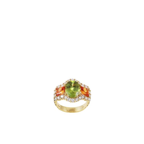 18KT GOLD, TITANIT, MANDARIN GARNETS AND DIAMONDS RING, CUSI