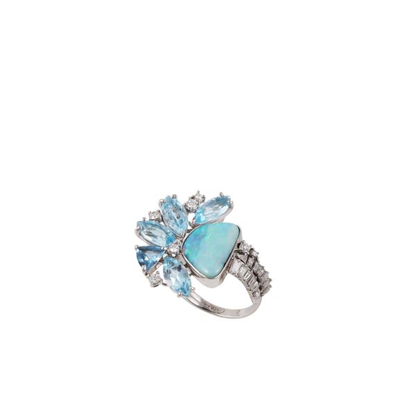 18KT GOLD, OPAL, DIAMONDS AND AQUAMARINES RING, CUSI