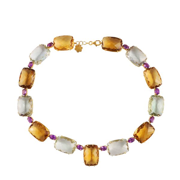 * 18KT GOLD QUARTZ, PRASIOLITES AND AMETHYSTS NECKLACE