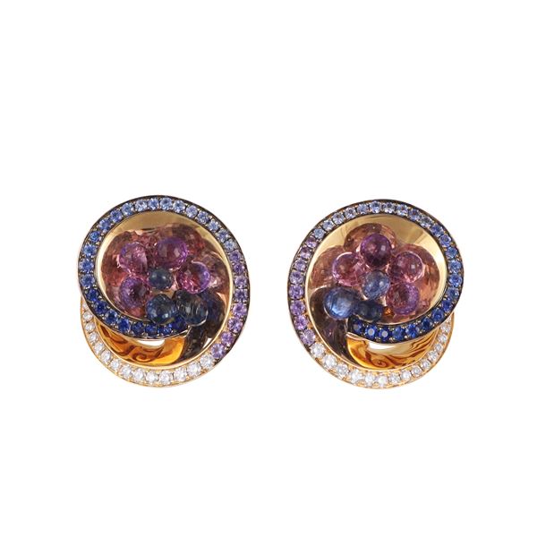 * 18KT GOLD, DIAMONDS, BLUE AND PINK SAPPHIRES EARRINGS, DE GRISOGONO "Chiocciola"