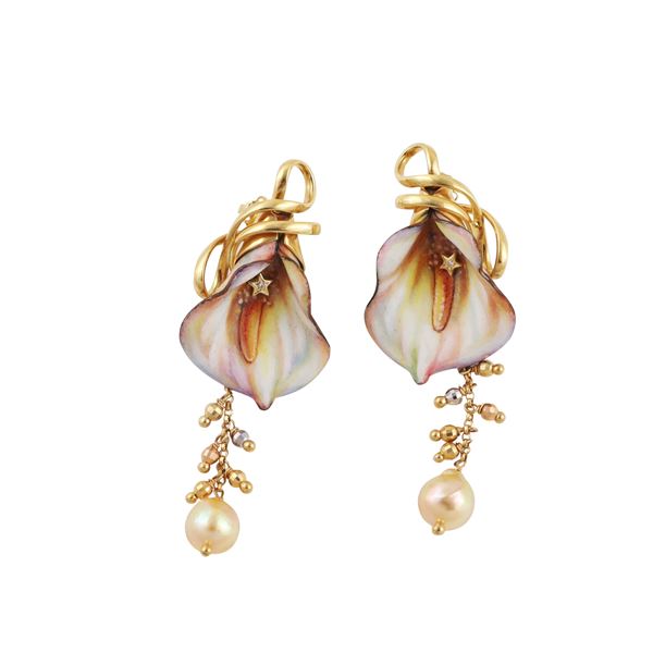 * 18KT GOLD, ENAMEL, CULTURED PEARLS AND DIAMONDS EARRINGS, GABRIELLA RIVALTA