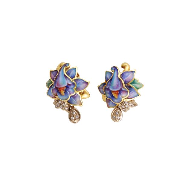 * 18KT GOLD, ENAMEL AND DIAMONDS EARRINGS, GABRIELLA RIVALTA  - Auction IMPORTANT JEWELRY - Casa d'Aste International Art Sale