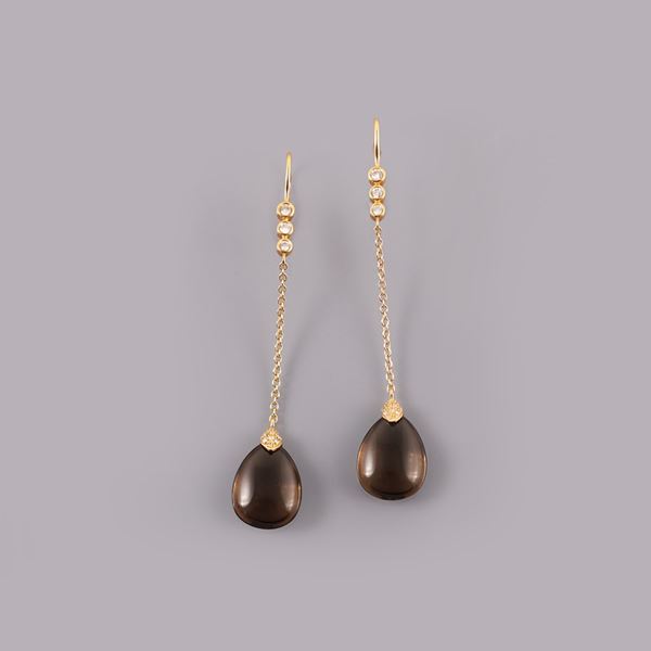 * 18KT GOLD, DIAMOND AND QUARTZ EARRINGS