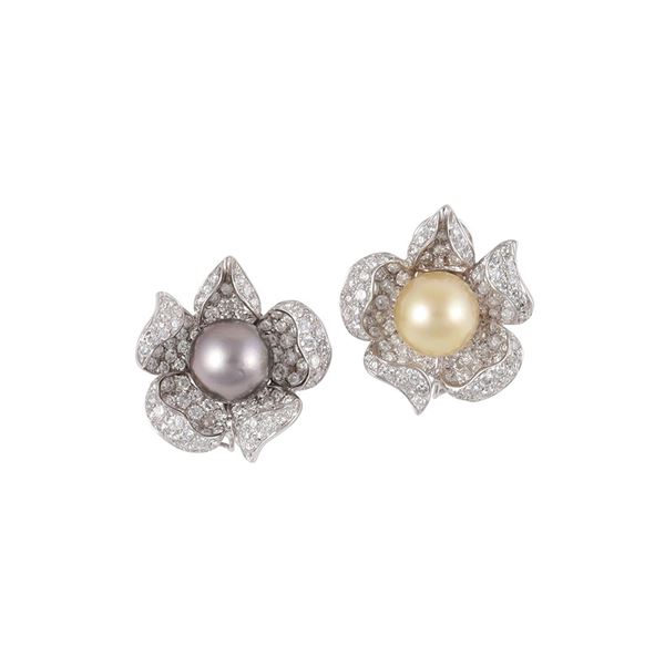 * 18KT GOLD, DIAMONDS, TAHITI AND SOUTH SEA CULTURED PEARLS CLIP EARRINGS