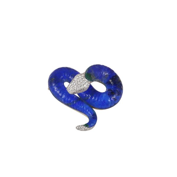 * 18KT GOLD, DIAMONDS, JADEITE, LAPISLAZULI AND ENGRAVED QUARTZ BROOCH, VHERNIER "Serpente"  - Auction IMPORTANT JEWELRY - Casa d'Aste International Art Sale