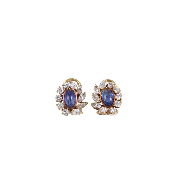 18KT GOLD, CABOCHON CUT SAPPHIRES AND DIAMONDS CLIP EARRINGS