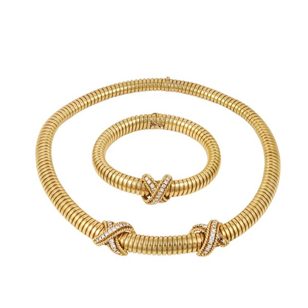 18KT GOLD AND DIAMONDS (one missing) "TUBO GAS" NECKLACE AND BRACELET