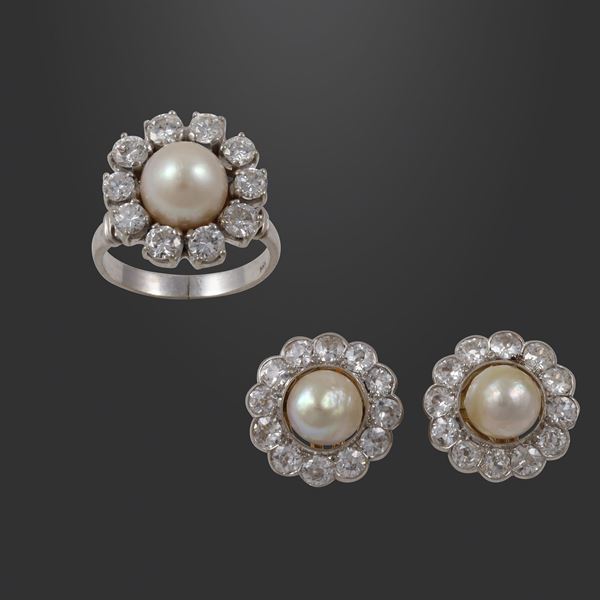 LOT OF PLATINUM EARRINGS WITH NATURAL SALTWATER PEARLS AND OLD EUROPEAN-CUT DIAMONDS AND 18KT GOLD RING WITH CULTURED PEARLS AND DIAMONDS  - Auction IMPORTANT JEWELRY - Casa d'Aste International Art Sale