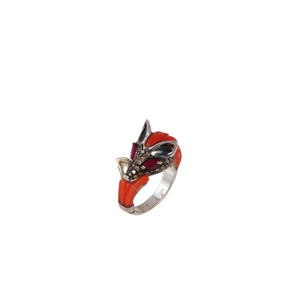 14KT GOLD, CORAL (missings), DIAMONDS AND RUBIES RING