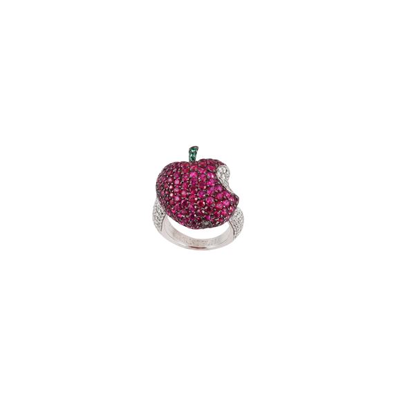 * 18KT GOLD, RUBIES, DIAMONDS AND EMERALDS (one missings) RING, DE GRISOGONO