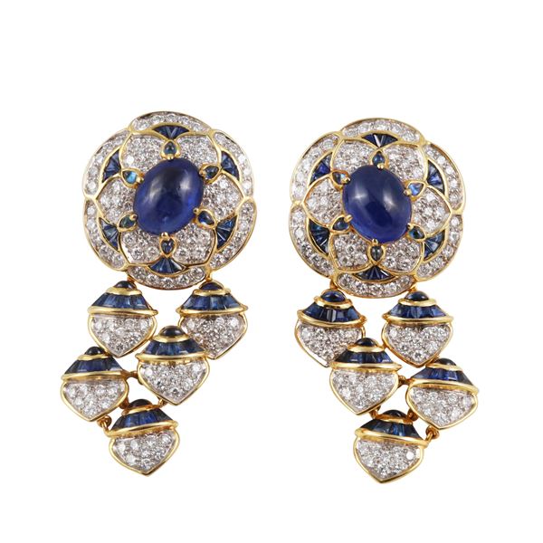 * 18KT GOLD, SAPPHIRES AND DIAMONDS EARRINGS