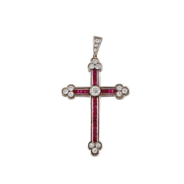 18KT GOLD, PLATINUM, OLD EUROPEAN CUT DIAMONDS AND RUBIES PENDANT  - Auction IMPORTANT JEWELRY - Casa d'Aste International Art Sale