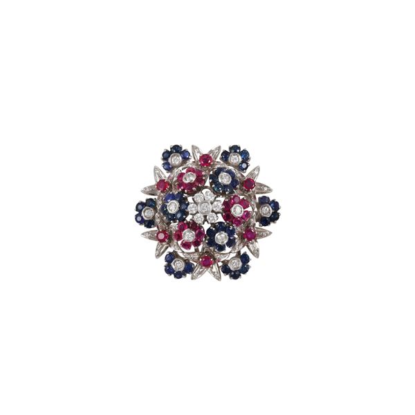 18KT GOLD, DIAMONDS, SAPPHIRES AND RUBIES BROOCH, LUNATI  - Auction IMPORTANT JEWELRY - Casa d'Aste International Art Sale