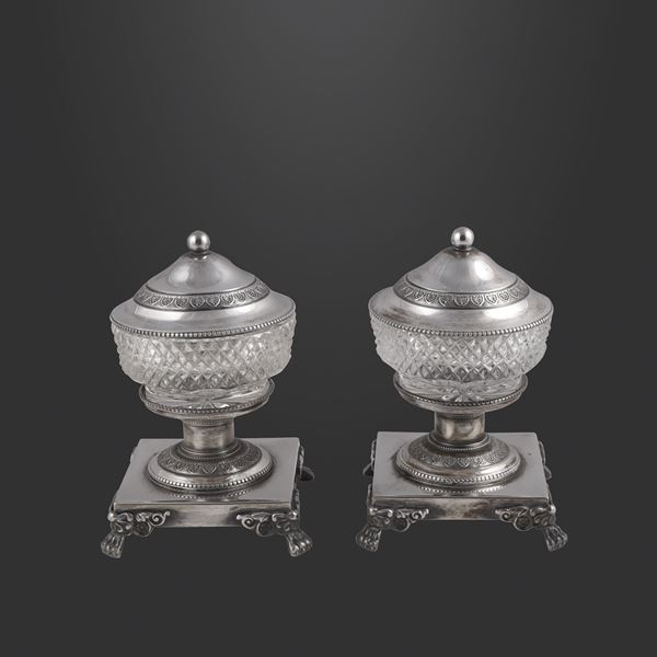 800 SILVER AND GLASS PAIR OF SALT CELLAR, GENAZZI