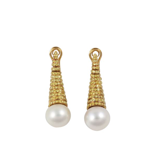 18KT GOLD, FANCY YELLOW DIAMONDS AND SOUTH SEA CULTURED PEARLS EARRINGS