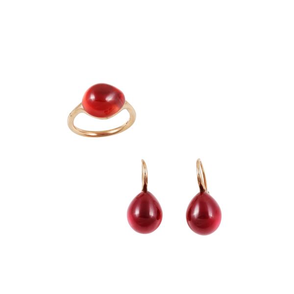 9KT GOLD LOT OF RING AND EARRINGS WITH SYNTHETIC GEMS, POMELLATO "Rouge Passion"  - Auction IMPORTANT JEWELRY - Casa d'Aste International Art Sale