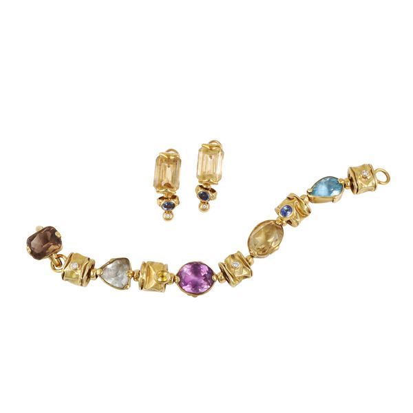 LOT OF 18KT GOLD BRACELET AND EARRINGS WITH DIAMONDS, SAPPHIRES, QUARTZ, AQUAMARINE, BLUE TOPAZ AND AMETHYST, MISANI  - Auction IMPORTANT JEWELRY - Casa d'Aste International Art Sale