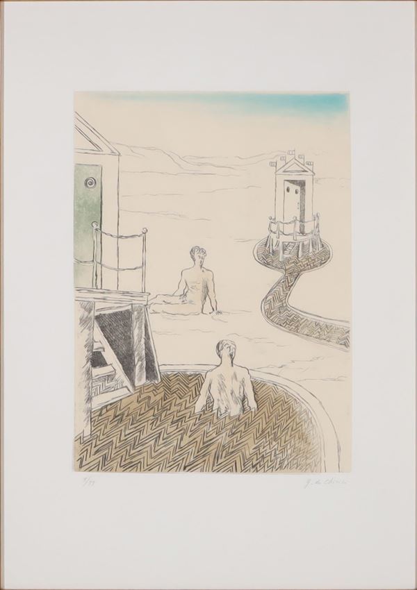 GIORGIO DE CHIRICO : Bagnanti pomeridiani  (1973)  - 5-color aquatint etching - Auction MODERN AND CONTEMPORARY ART - Casa d'Aste International Art Sale