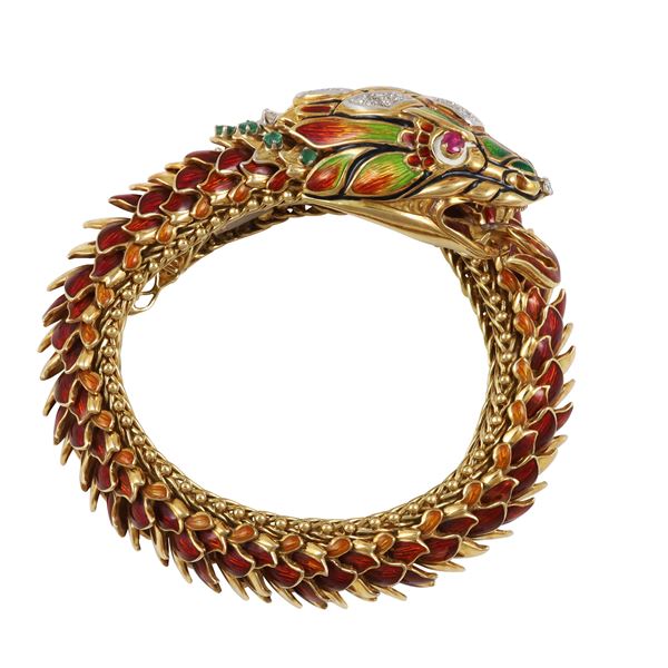 18KT GOLD, ENAMEL, DIAMONDS, EMERALDS AND RUBIES BRACELET