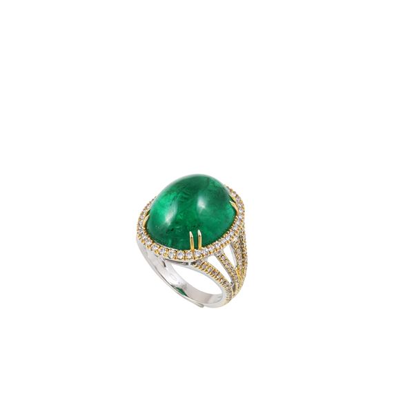 * 18KT GOLD, CABOCHON CUT EMERALD AND DIAMONDS RING  - Auction IMPORTANT JEWELRY - Casa d'Aste International Art Sale