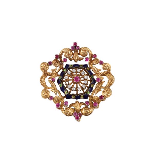 18KT GOLD, RUBIES, DIAMONDS AND ENAMEL BROOCH - PENDANT