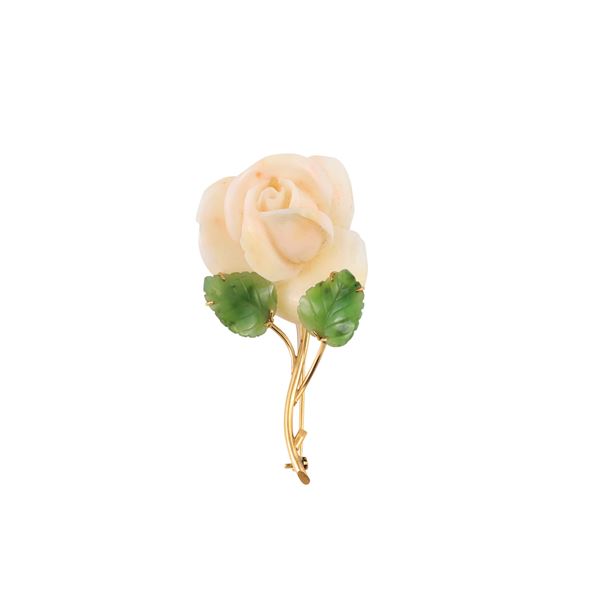 18KT GOLD, CORAL AND SERPENTINE BROOCH  - Auction JEWELRY, SILVER AND LUXURY BAG - Casa d'Aste International Art Sale