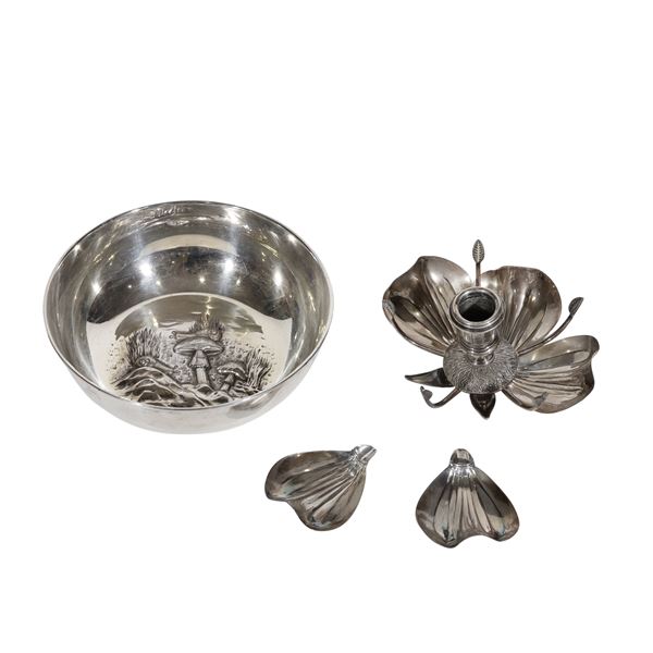 800 SILVER LOT OF BOWL AND CANDLESTICK  - Auction JEWELRY, SILVER AND LUXURY BAG - Casa d'Aste International Art Sale