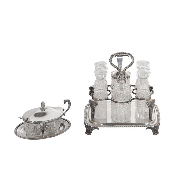 925 SILVER AND GLASS CRUET SET, LONDON. 800 SILVER AND GLASS CHEESE BOX 