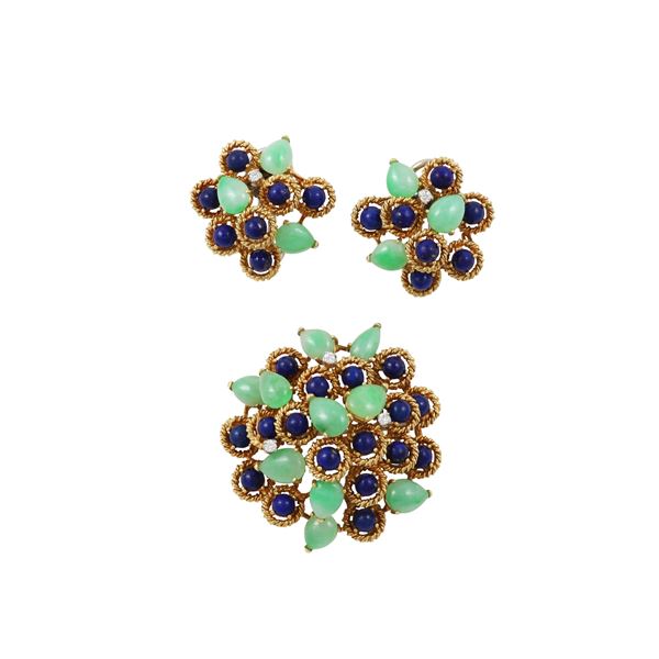 18KT GOLD, JADEITE, LAPISLAZULI AND DIAMONDS BROOCH AND EARRINGS  - Auction IMPORTANT JEWELRY - Casa d'Aste International Art Sale