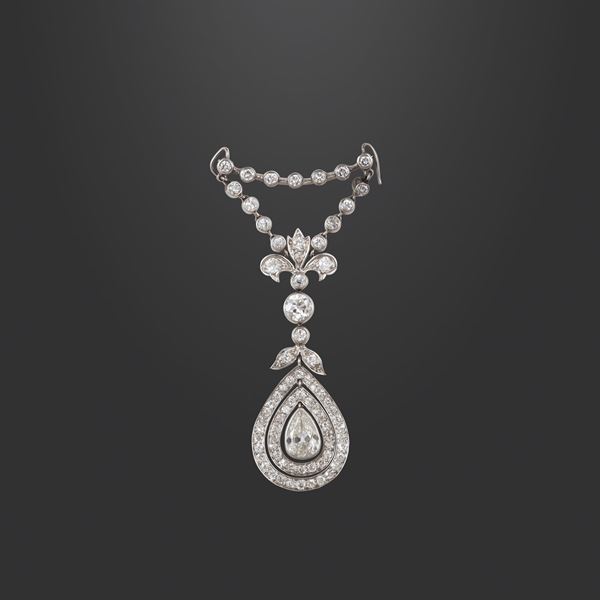 18KT GOLD AND OLD EUROPEAN CUT DIAMONDS PENDANT - BROOCH WITH CHAIN