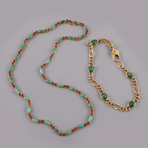 LOTS OF 18KT gold necklace and bracelet with turquoises, garnets and emeralds (chipped)