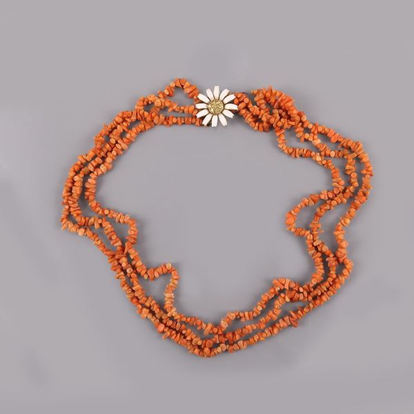 ~ CORAL NECKLACE WITH 18KT GOLD CLASP, DIAMONDS AND ENAMEL
