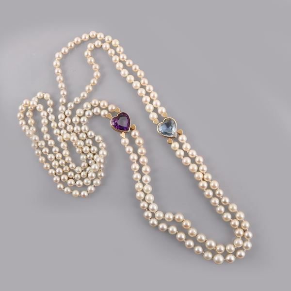 18KT GOLD AND CULTURED PEARLS NECKLACE WITH AMETHYST AND BLUE TOPAZ