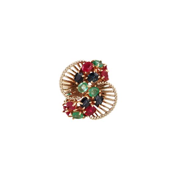 12KT GOLD, RUBIES, SAPPHIRES AND EMERALDS RING