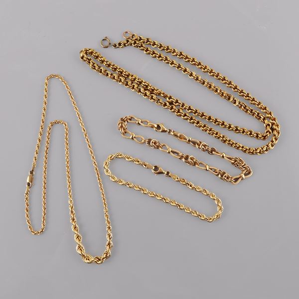 LOT OF TWO BRACELETS AND TWO NECKLACES, 18KT GOLD (one necklace with 14KT gold clasp)
