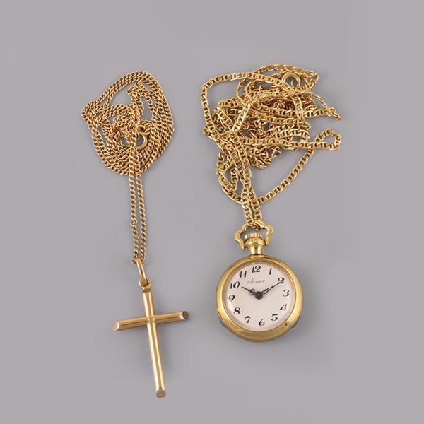 LOT OF TWO NECKLACES, ONE PENDENT AND A POCKET WATCH. 18KT GOLD 