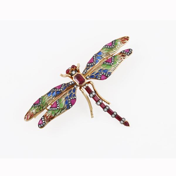 18KT GOLD, SILVER, ENAMEL, DIAMONDS AND RUBIES BROOCH